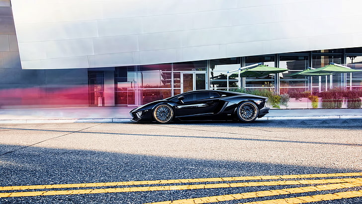 black supercar, car, Lamborghini Aventador, HD wallpaper