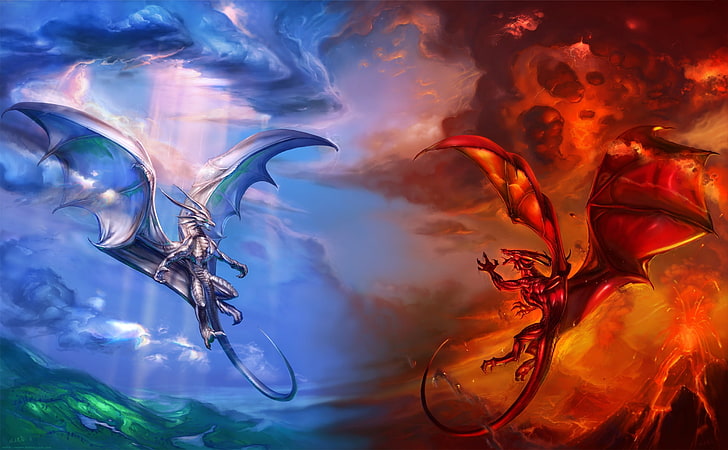 blue and red dragons wallpaper, clouds, blue, red, fire, dragons, the volcano, the air, lava, HD wallpaper