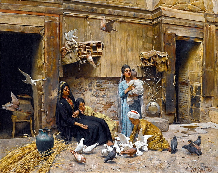 A Cairene courtyard, art, luminos, cairo, woman, rudolf swo, bird, målning, 1891, barn, pictura, HD tapet