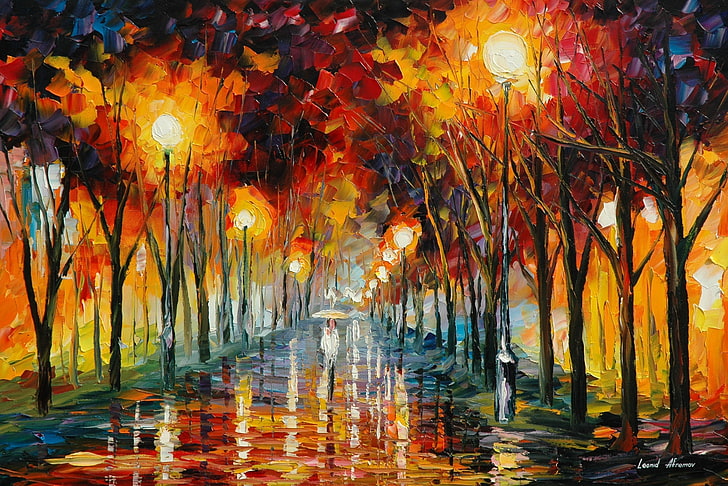pintura de árboles de hoja naranja, carretera, reflexión, paraguas, lluvia, personas, luces, pintura, Leonid Afremov, Fondo de pantalla HD