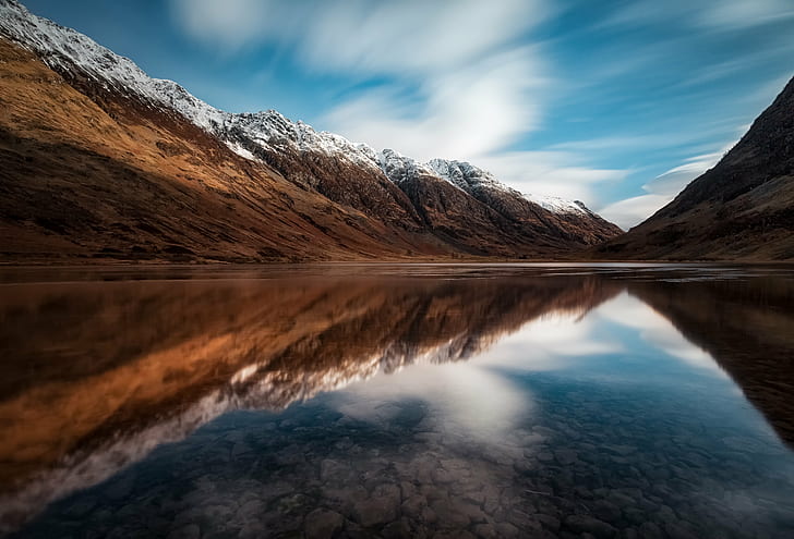 body of water between mountains, glencoe, glencoe, Loch Achtriochtan, body of water, Glencoe  Scotland, Reflections, Long Exposure, Mountains, Munros, Snow, 70D, Canon EF-S, S 10, Lee Filters, Stopper, nature, mountain, landscape, lake, scenics, outdoors, reflection, mountain Range, mountain Peak, water, HD wallpaper