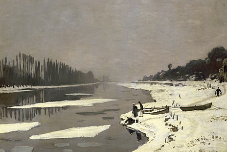 ภูมิทัศน์รูปภาพ Claude Monet น้ำแข็งลอยอยู่บนแม่น้ำแซนที่ Bougival, วอลล์เปเปอร์ HD HD wallpaper