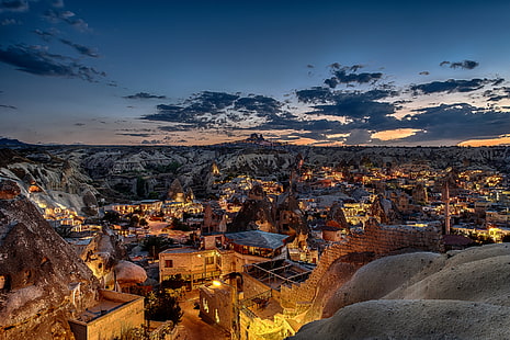 le ciel, montagnes, lumières, rochers, à la maison, le soir, Turquie, Cappadoce, Fond d'écran HD HD wallpaper