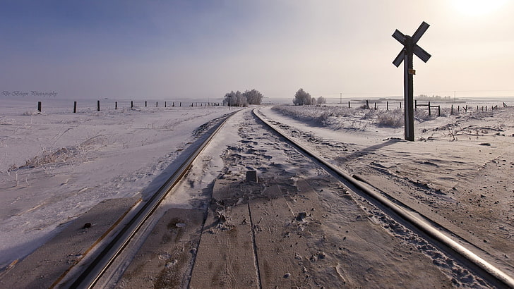 brun trävindvinkel, landskap, järnväg, snö, vinter, fält, HD tapet