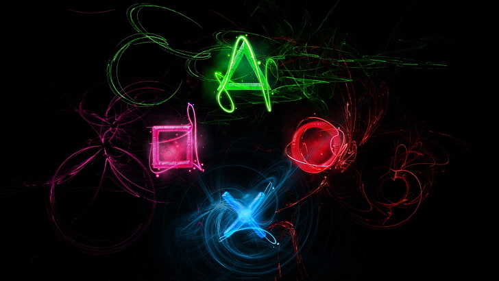 Logo kontrolera Playstation SONY, Sony, PlayStation, gry wideo, kolorowe, zielone, różowe, cyjan, czerwone, Tapety HD