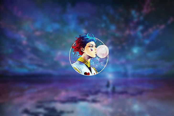 blaues und rotes Blumendekor, Hisoka, Hunter x Hunter, Kaugummi, Anime, Himmel, Sterne, HD-Hintergrundbild