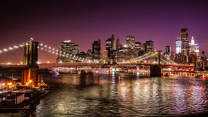 ニューヨーク市マンハッタン橋からブルックリン橋の夜アメリカ合衆国Ultra Hd Wallpapers and Laptop 3840×2160、 HDデスクトップの壁紙