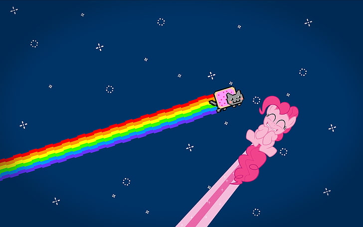 Nyan Cat and My Little Pony illustration, cat, stars, rainbow, anime, nyan cat, pinkie pie, HD wallpaper