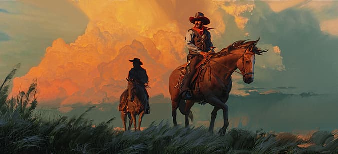 Jama Jurabaev, pintura, hombres, vaqueros, sombreros de vaquero, caballo, bufanda, viento, occidental, hierba, nubes, Fondo de pantalla HD HD wallpaper