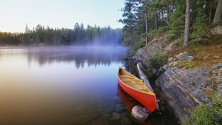 dimmigt, vatten, natur, vildmark, sjö, träd, skog, flod, morgon, båt, kanot, bank, ontario, landskap, kanada, algonquin provinspark, HD tapet