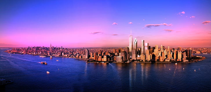 city, urban, cityscape, panoramas, sunset, Manhattan, New York City, river, coast, HD wallpaper