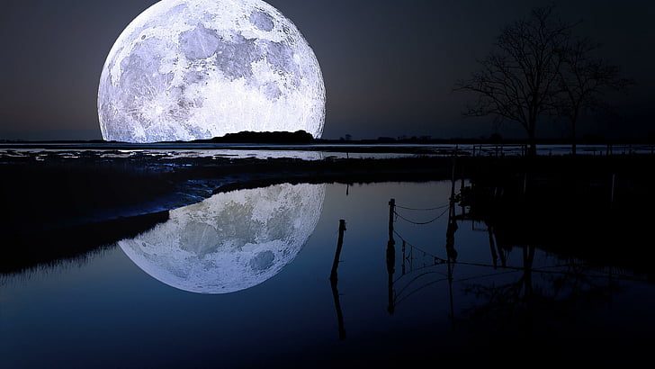lune, lac, pleine lune, reflet, reflet, ciel nocturne, nuit, supermoon, pleine lune, phénomène, super lune, clair de lune, Fond d'écran HD