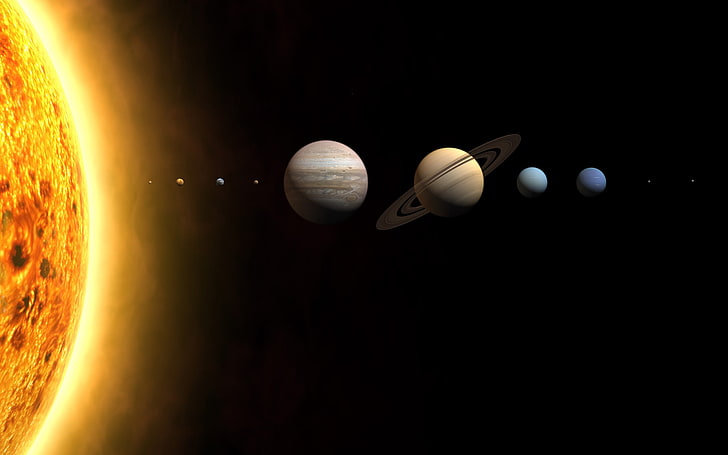 cztery różne planety, przestrzeń, planeta, Ziemia, Mars, Saturn, Słońce, Jowisz, Uran, Merkury, Pluton, Wenus, Neptun, Droga Mleczna, Tapety HD
