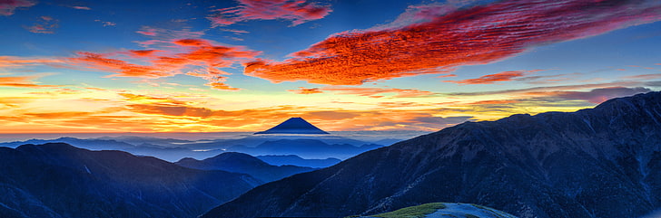 4K, Landscape, 8K, Panorama, Mount Fuji, Sunset, Mountains, HD wallpaper