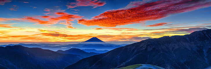 Monte Fuji, Montañas, Puesta de sol, Paisaje, Panorama, 4K, 8K, Fondo de pantalla HD