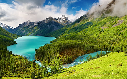 Güzel doğa manzarası, yeşil, ağaçlar, göl, nehir, dağlar, bulutlar, Güzel, Doğa, Manzara, Yeşil, ağaçlar, göl, nehir, dağlar, bulutlar, HD masaüstü duvar kağıdı HD wallpaper