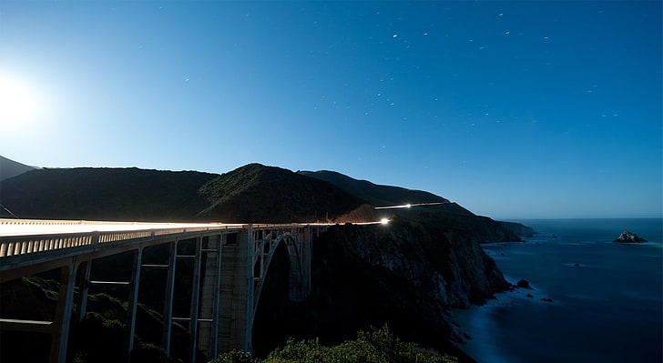 Bixby Creek Bridge, Big Sur, California, gray concrete bridge, United States, California, Night, long exposure, HD wallpaper