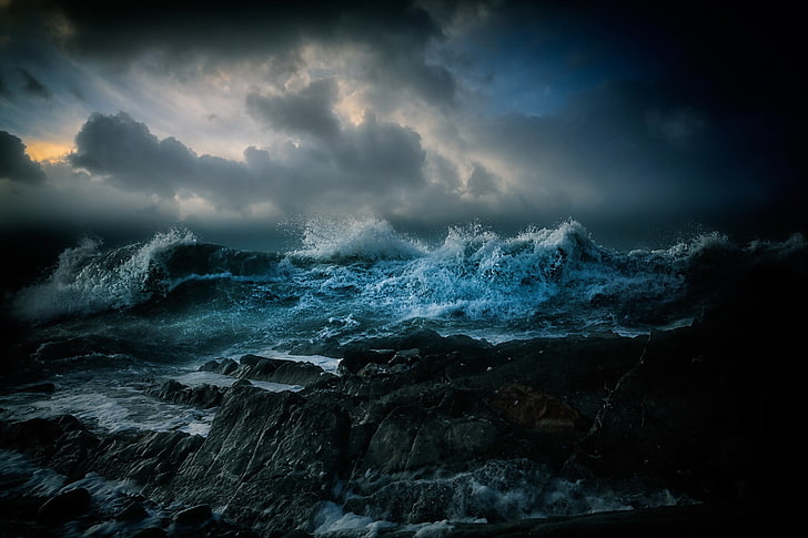 ondata di pittura ad acqua, mare, tempesta, roccia, natura, nuvole, cielo, buio, Sfondo HD