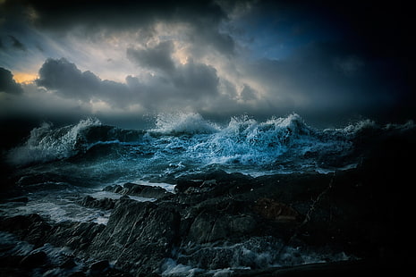 موجة الرسم المائي ، البحر ، العاصفة ، الصخور ، الطبيعة ، الغيوم ، السماء ، الظلام، خلفية HD HD wallpaper