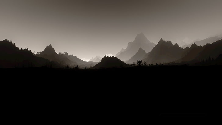 Silhouette der Berge, The Elder Scrolls V: Skyrim, Landschaft, Monochrom, Minimalismus, Videospiele, HD-Hintergrundbild