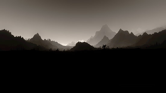siluet pegunungan, The Elder Scrolls V: Skyrim, lansekap, monokrom, minimalis, video game, Wallpaper HD HD wallpaper