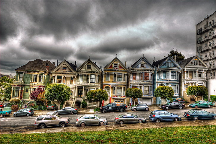 farbig sortiert Fahrzeug viel, Maschine, Haus, San Francisco, Häuser, viktorianisch, HD-Hintergrundbild