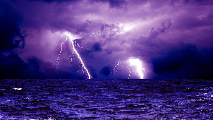 clouds, lightning, ocean, sea, storm, waves, HD wallpaper