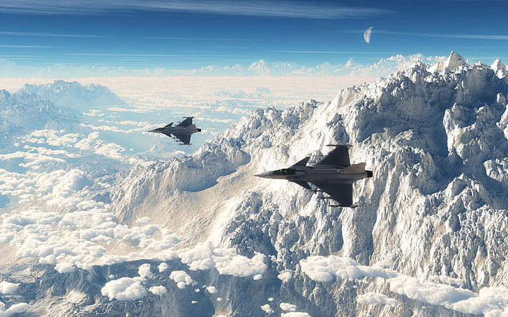 두 개의 회색 전투기, 하늘, 항공기, 전투기, 구름, HD 배경 화면