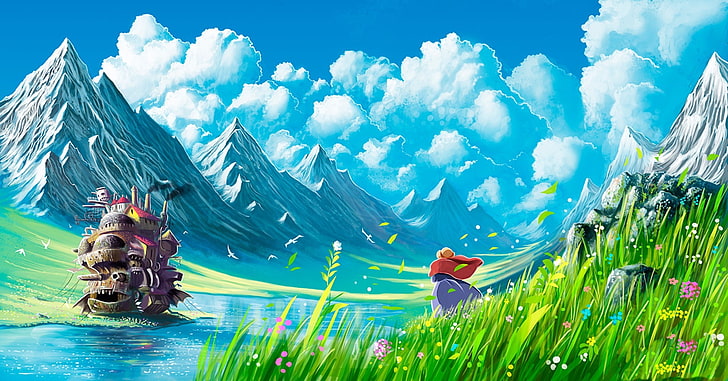 Kale, dağ, Studio Ghibli hareketli uluma, HD masaüstü duvar kağıdı