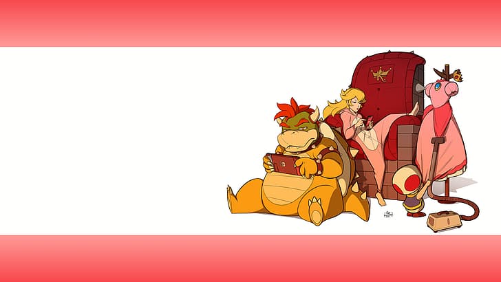 Super Mario, Mario Bros., Super Mario Bros., Princess Peach, Bowser, Toad (character), blonde, long hair, mushroom, Nintendo, Nintendo Switch, phone, smartphone, crown, dress, pink dress, jewel, jewelry, sitting, couch, throne, Vacuum Cleaner, reptiles, Koopa, redhead, horns, fangs, claws, Super Smash Brothers, pyjamas, pink pajamas, onesie, boredom, video games, video game girls, HD wallpaper
