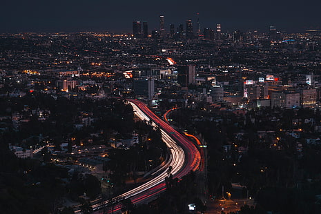 fotografia de lapso de tempo de carros na estrada, cidade, luzes, Los Angeles, trilhas leves, noite, paisagem urbana, HD papel de parede HD wallpaper