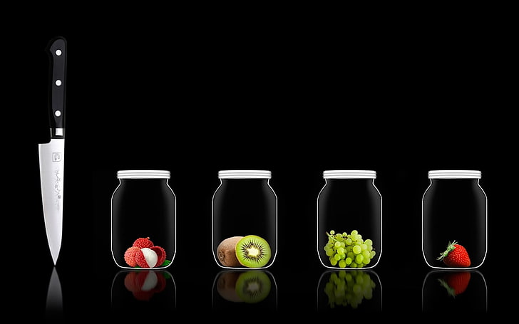 jars, fruit, knife, kiwi (fruit), grapes, strawberries, black background, reflection, HD wallpaper