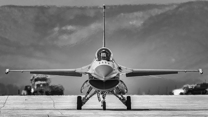 ジェット戦闘機、ゼネラルダイナミクスF-16ファイティングファルコン、航空機、白黒、ジェット戦闘機、軍用機、 HDデスクトップの壁紙