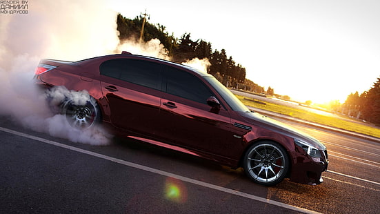 berline rouge, fumée, BMW, aube, E60, Smotra, Fond d'écran HD HD wallpaper