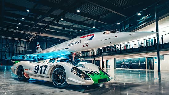 Porsche 917-001, Concorde, Concorde 002, hangar, Sfondo HD HD wallpaper