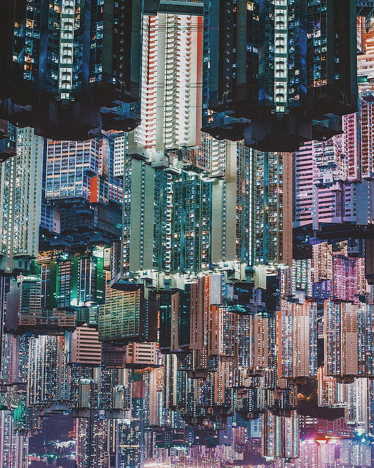 cyberpunk, Hong Kong, ciudad, paisaje urbano, edificio, noche, diseño gráfico, futurista, ciudad futurista, fotografía, fotógrafo, urbano, paisaje, Fondo de pantalla HD, fondo de pantalla de teléfono