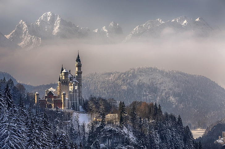 природа, пейзаж, архитектура, замък, хълмове, дървета, Германия, замък Нойшванщайн, кула, гора, зима, сняг, планини, мъгла, HD тапет