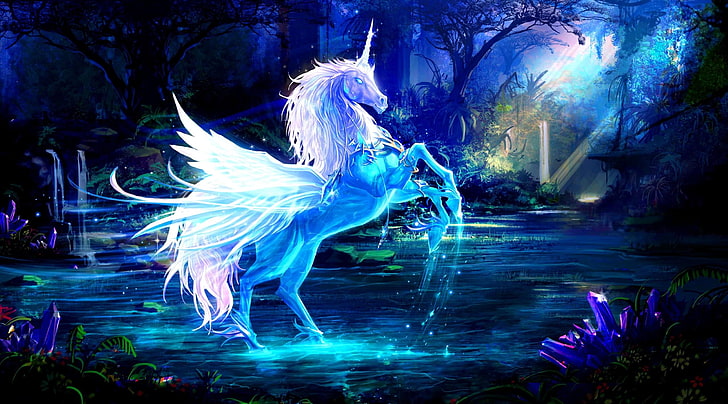 bianco Pegasus illustrazione, unicorno, acqua, foresta, notte, magia, Sfondo HD