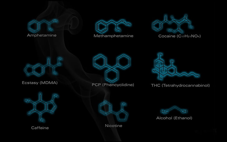blå illustration, kemi, svart, kemiska strukturer, droger, minimalism, vetenskap, HD tapet