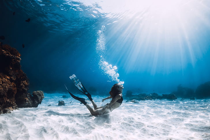 sea, underwater, women, diving, HD wallpaper