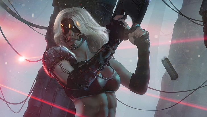 Frau Anime Charakter Wallpaper, Cyberpunk, Pistole, Frauen, BH, Bionik, Mädchen mit Waffen, HD-Hintergrundbild
