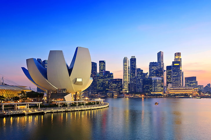 Сингапур Skyline, зори, крайбрежие, небостъргачи, залив, Сингапур, HD тапет