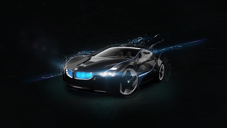 car, sports car, supercars, BMW, CGI, BMW Vision, concept cars, black background, lights, HD wallpaper