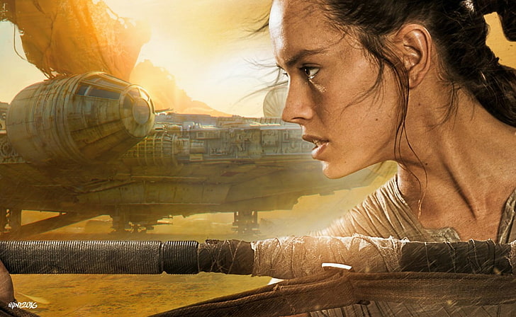 póster de película, Star Wars: The Force Awakens, Daisy Ridley, Rey, Millennium Falcon, Fondo de pantalla HD