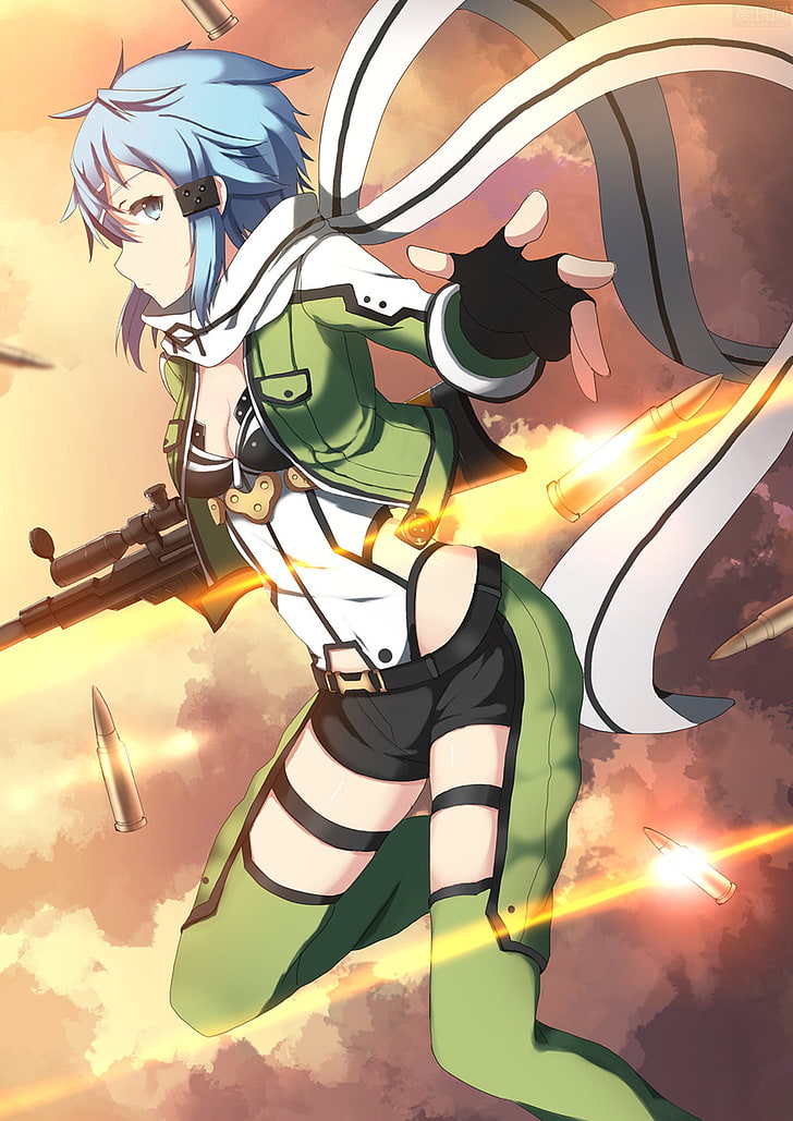 Personaje de anime femenino con ilustración de pistola de pelo verde azulado, Asada Shino, Sinon (Sword Art Online), Sword Art Online, Fondo de pantalla HD, fondo de pantalla de teléfono