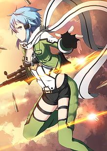weibliche Anime-Figur mit blaugrünem Haar und Pistolenabbildung, Asada Shino, Sinon (Sword Art Online), Sword Art Online, HD-Hintergrundbild HD wallpaper