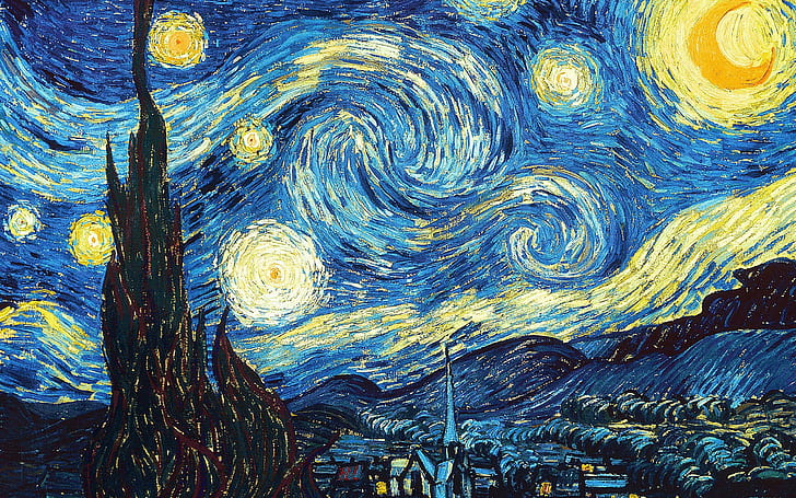 art fantastique, Vincent van Gogh, The Starry Night, chic, peinture, abstrait, nuit étoilée, bleu, cyan, jaune, Fond d'écran HD