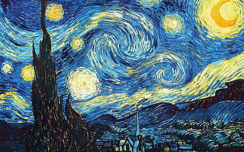 fantezi sanat, Vincent van Gogh, Yıldızlı Gece, klas, boyama, soyut, yıldızlı gece, mavi, deniz mavisi, sarı, HD masaüstü duvar kağıdı HD wallpaper