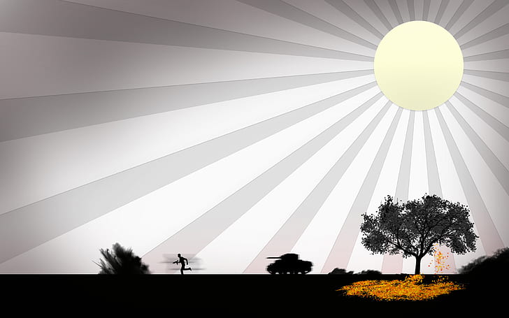 Una silueta de guerra, blanco y negro, composición digital, gris, ilustración, paisaje, silueta, cielo, sol, puesta de sol, tanques, árboles, guerra, Fondo de pantalla HD
