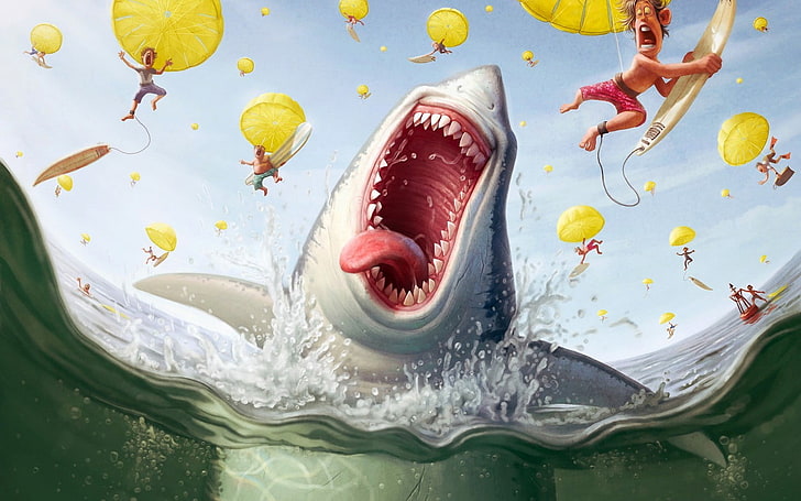 illustrazione di squalo grigio, animali, ombreggiatura sfumata, squalo, umorismo, opera d'arte, pesce, Sfondo HD